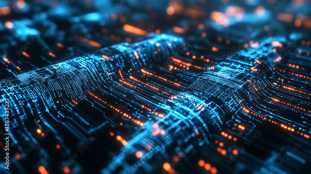 Poster exploring ai technology and machine learning innovations in digital data landscapes futuristic envir
