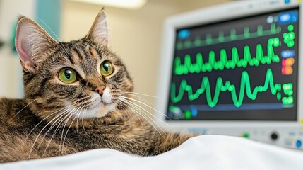 A tabby cat relaxes on a medical bed, monitored by vital signs equipment, showcasing a blend of veterinary care and pet wellness.