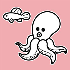 Lineart outline Sea Animal in cute colorful design for kids and education