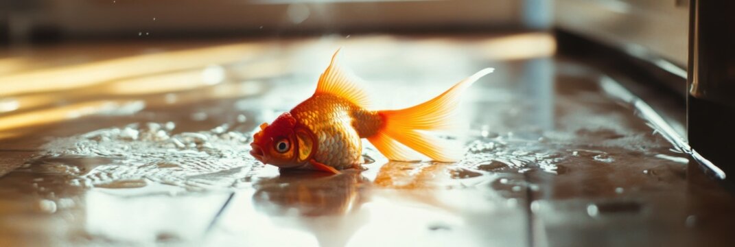 Goldfish flops hilariously on the floor while struggling to breathe out of water during a sunny afternoon indoors