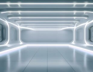 Fototapeta premium Interior white futuristic background, sci-fi interior concept. Empty interior with neon lights 3D illustration.