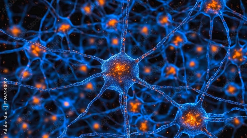 Poster neural network, abstract background with glowing orange and blue fractal lines, 3d rendering