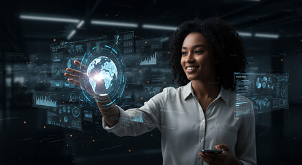 Future Tech: Woman Interacting with Holographic Globe & Data Visualizations - Innovation, AI, Technology, and Connection.