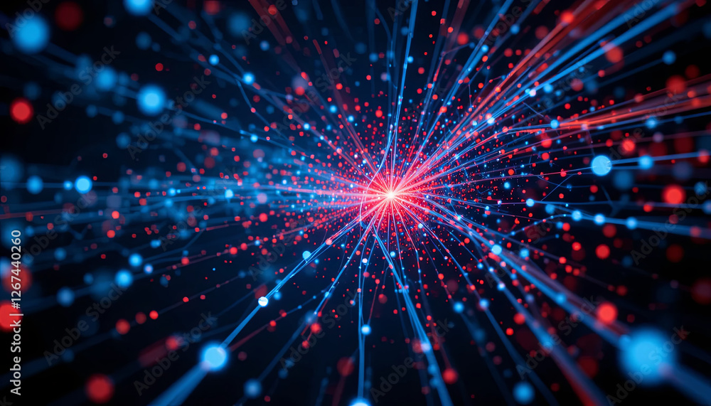 Poster dynamic movement of red and blue particles radiating from a central point, creating a vibrant, energ