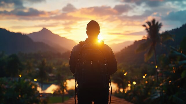 Person with backpack standing on a path with silhouette of a photographer at sunset
