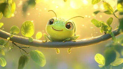 Adorable Green Insect on Branch in Golden Sunlight