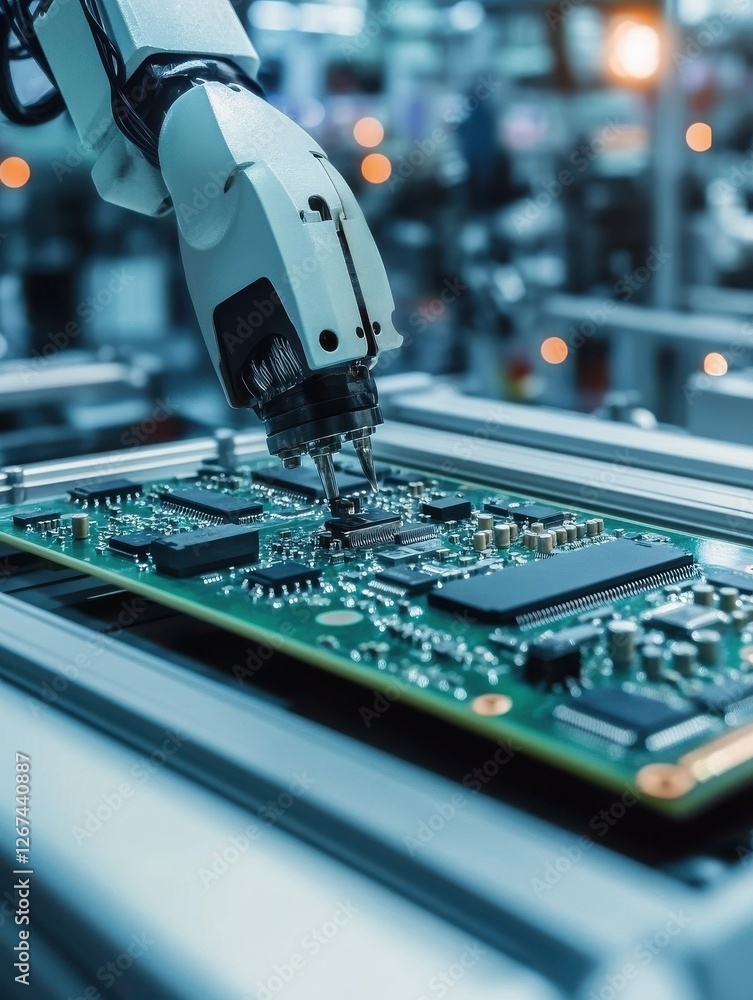 Poster a close-up shot of a robotic arm assembling components onto a circuit board in a high-tech automated
