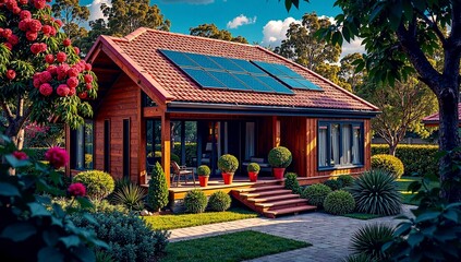 Obraz premium Charming wooden cottage with solar panels, surrounded by lush garden and vibrant flowers, showcasing sustainable living.