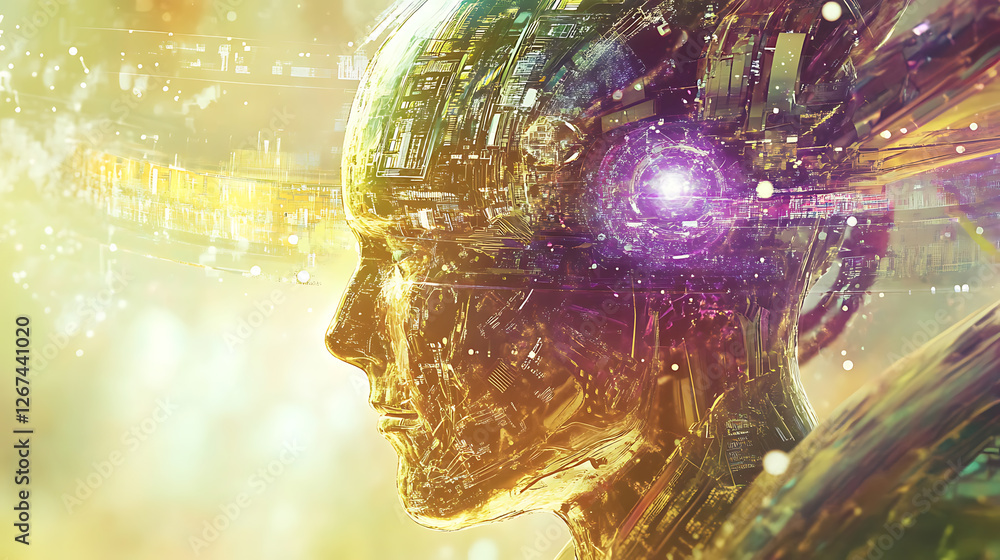 Poster ai technology and machine learning innovation exploring human-like intelligence in a futuristic envi