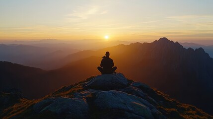 Person sitting on mountain top at sunset with silhouette of photographer capturing the view