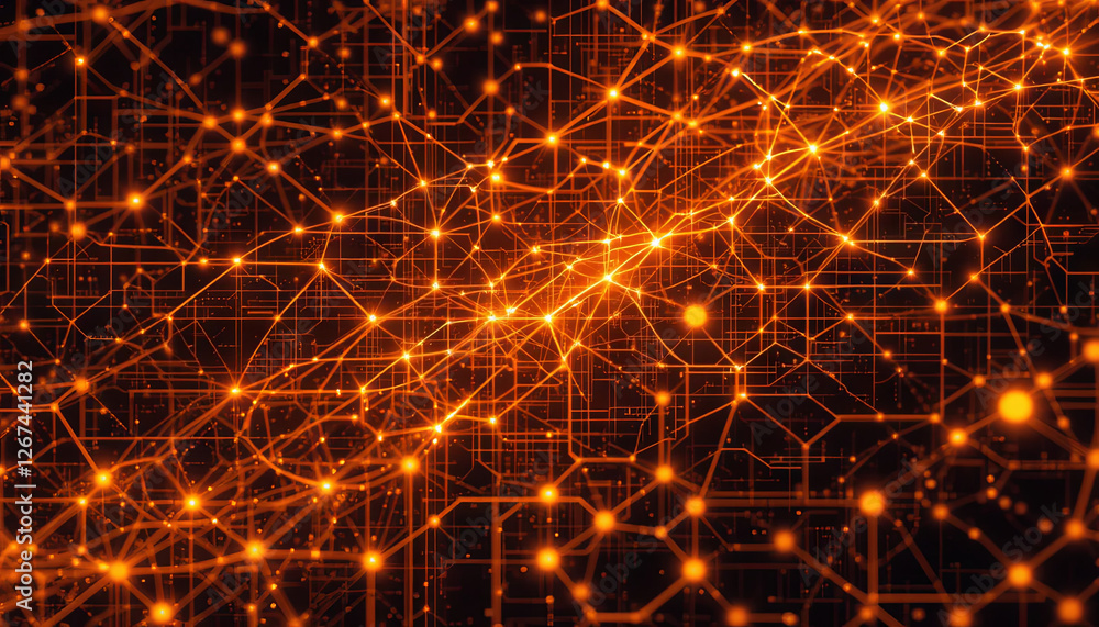 Poster complex patterns of luminous orange lines illuminate a dark background, representing a dynamic netwo