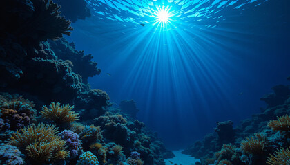 Fototapeta premium Sunlight streams through the surface of the ocean, illuminating a vibrant underwater landscape filled with colorful corals and diverse marine life