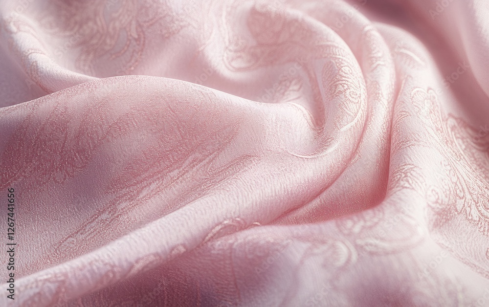 Poster soft and elegant light pink silk fabric with embossed floral patterns and gentle waves creating a de