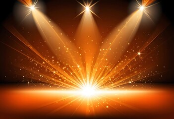 Radiant stage lights illuminate a dazzling golden scene with sparkling effects
