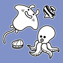Lineart outline Sea Animal in cute colorful design for kids and education