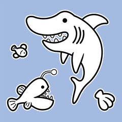 Lineart outline Sea Animal in cute colorful design for kids and education