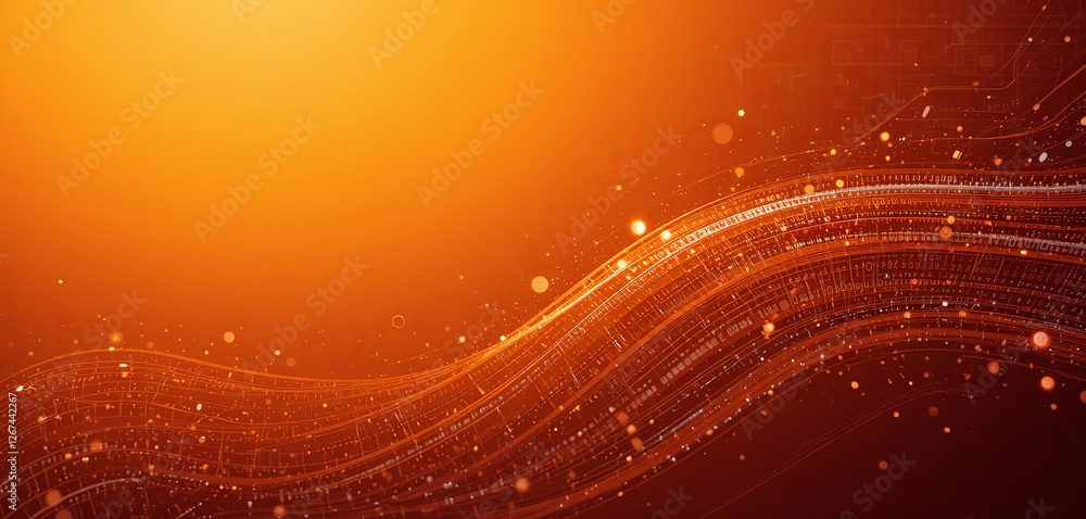 Poster a dynamic wave pattern in shades of orange captures the warmth of sunset. glowing particles float th