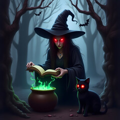 The witch’s long, tattered cloak billows in the cold night air, and she clutches a bubbling cauldron that glows with eerie green light, casting ghostly reflections onto the gnarled tree trunks.