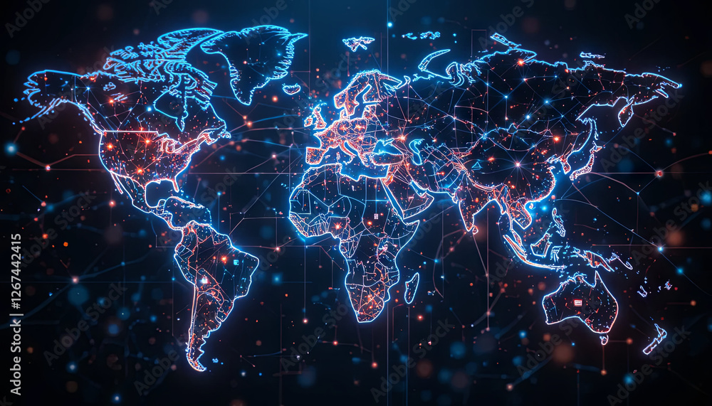 Poster a vibrant digital map of the world illuminated with bright connections, showcasing the interconnecte