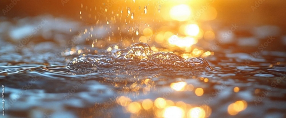 Poster water surface close up with droplets ripples and sparkling reflections in an abstract composition