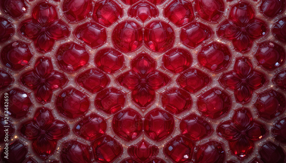 Poster This decorative design features a unique pattern comprised of red, flower-like shapes, creating a striking visual effect. Light reflects off the glossy surface, adding depth and intrigue