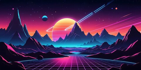 Retrofuturistic landscape with neon grid, mountains, and celestial bodies