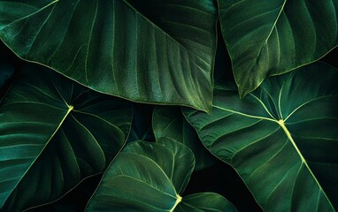 High-quality close-up of vibrant green tropical leaves with detailed veins on dark background for nature inspired interiors