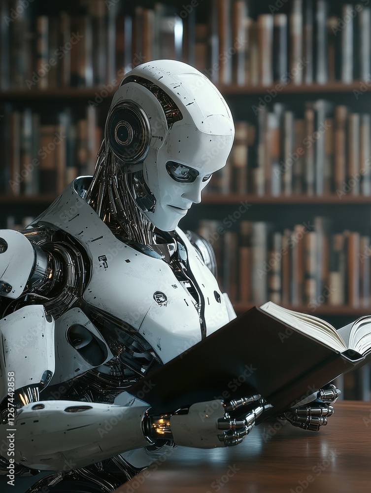 Poster an ai humanoid robot reads a book in a minimalist library setting, illustrating machine learning and