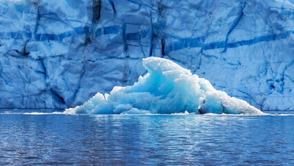 Blue iceberg against larger iceberg background in Northeast Greenland National Park. Icebergs are formed when a glacier calves, and the pieces float away in the fjord waters. © Rixie