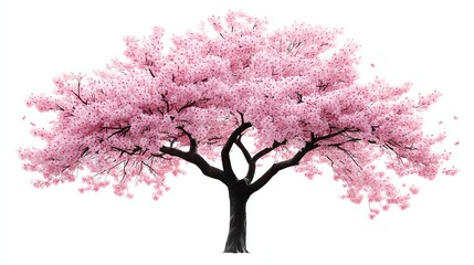 Fototapeta premium a sakura tree in full bloom, delicate petals falling, semirealistic digital painting, soft pink hues, isolated on white background