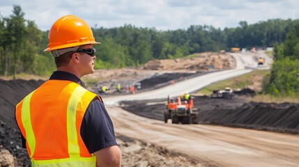Construction Worker Highway Project Safety Orange Vest Hard Hat Road Building Inspector Supervising Development Team Earthworks Infrastructure        