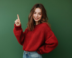 High-quality portrait of an attractive young woman in a red sweater and jeans, standing against a green background. She points to the side, creating an ideal space for promotional text or marketing me
