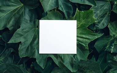 Fototapeta premium Blank white square paper sheet on dark green tropical leaves background for branding, invitations, or eco-friendly design