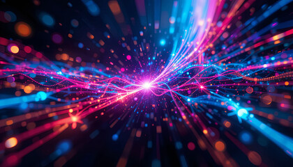 Bright lines and dots of color radiate outward, creating an engaging abstract representation of energy and motion. Vivid hues of blue, pink, and orange illuminate the dark background