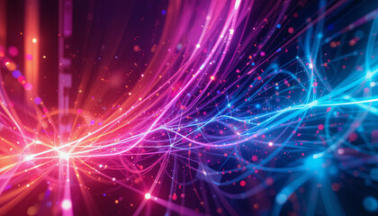 Obraz premium Swirling strands of colorful light intertwine in a mesmerizing display, blending vibrant shades of purple, pink, and blue. The energetic movement evokes a sense of excitement