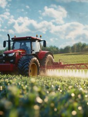 Fototapeta premium Agricultural tractor spraying field: crop maintenance and farming technology. Generative AI.