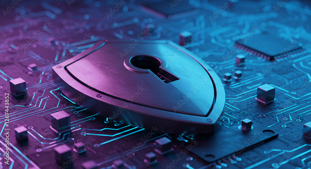 Poster cyber security shield: protecting data & networks with digital fortress on a futuristic circuit boar