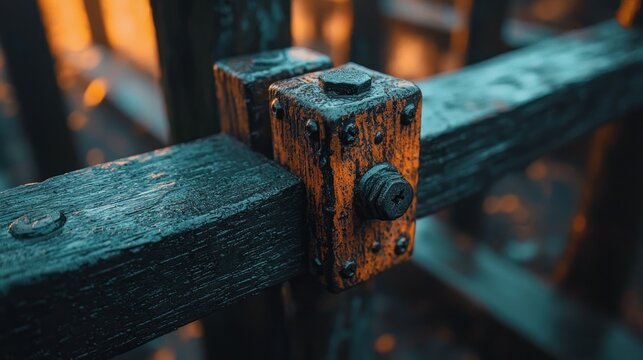 Wooden fence joint detail at sunset, for construction or design projects