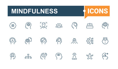 Mindfulness collection. Includes icons for mental, emotion, body, psychology, stress, personal, mind, therapy. Thin icon. Minimalist editable vector stroke.