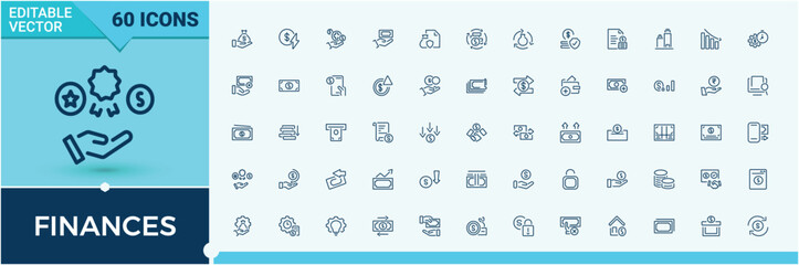 Finances icons set in linear style. Includes icons for commerce, savings, change, money, finance, graph, pig, credit. Icons for design. Modern vector illustration.