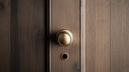 Obraz premium A close-up of a wooden door featuring a brass doorknob and keyhole, showcasing the texture and detail of the wood.