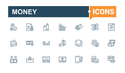 Money simple icon. Includes thin line savings, loan, paper, market, graph, growth, pig, exchange. Collection for mobile and web apps. Minimalist editable vector stroke.