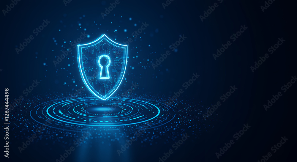 Poster digital security shield: cyber protection & data safety | keyhole lock on futuristic circuit board |