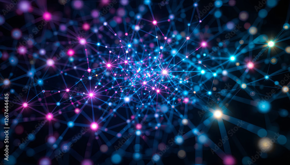 Poster visible are vibrant nodes connected by lines in a digital network, creating a colorful abstract repr
