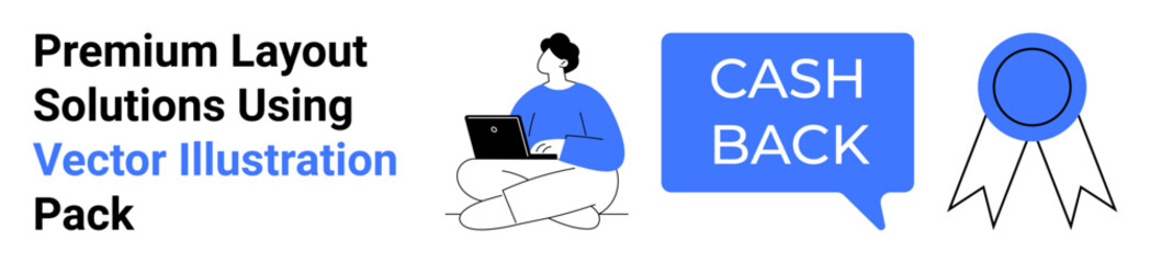 Person using laptop, cashback speech bubble, award ribbon. Ideal for marketing, rewards, e-commerce, promotions, branding special offers customer engagement. Perfect flat landing page banner