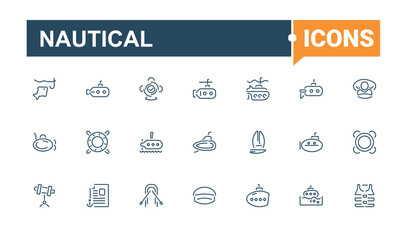 Nautical modern icons set. Contains such icons as sailor, lighthouse, oar, telescope, graphic, sail, wave and more. Collection for mobile and web apps. Minimalist editable vector stroke.
