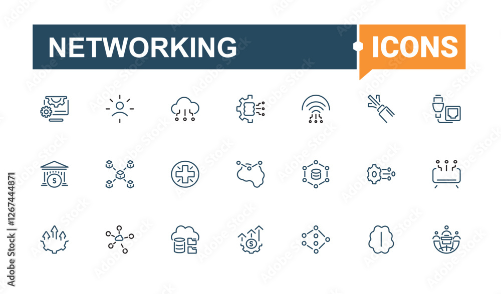 Poster set of networking line icons. featuring cyber, computing, tech, meeting, contact and more. thin outl