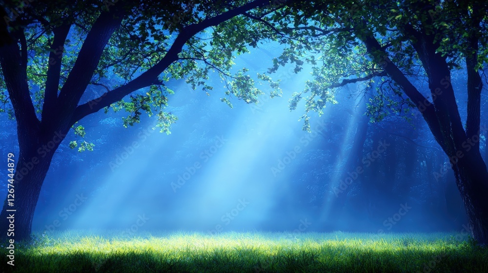 Poster a serene forest scene with beams of light filtering through trees, creating a tranquil atmosphere an