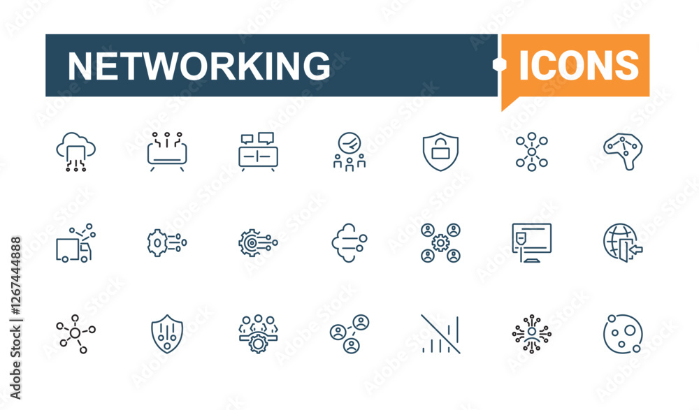Poster set of networking line icons. featuring cyber, computing, tech, meeting, contact and more. thin outl