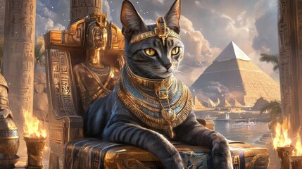 Majestic Egyptian Cat on a Golden Throne